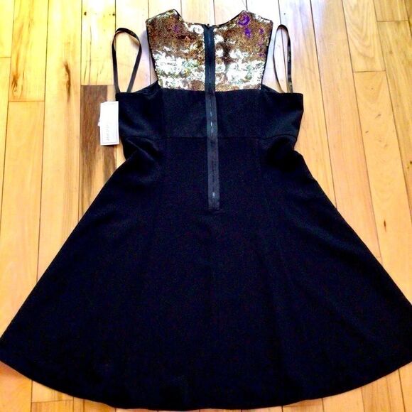 SHOSHANNA BLACK A-LINE SLEEVELESS GOLD EMBELLISHED YOKE SEQUIN DRESS 10 NWT - Picture 13 of 16